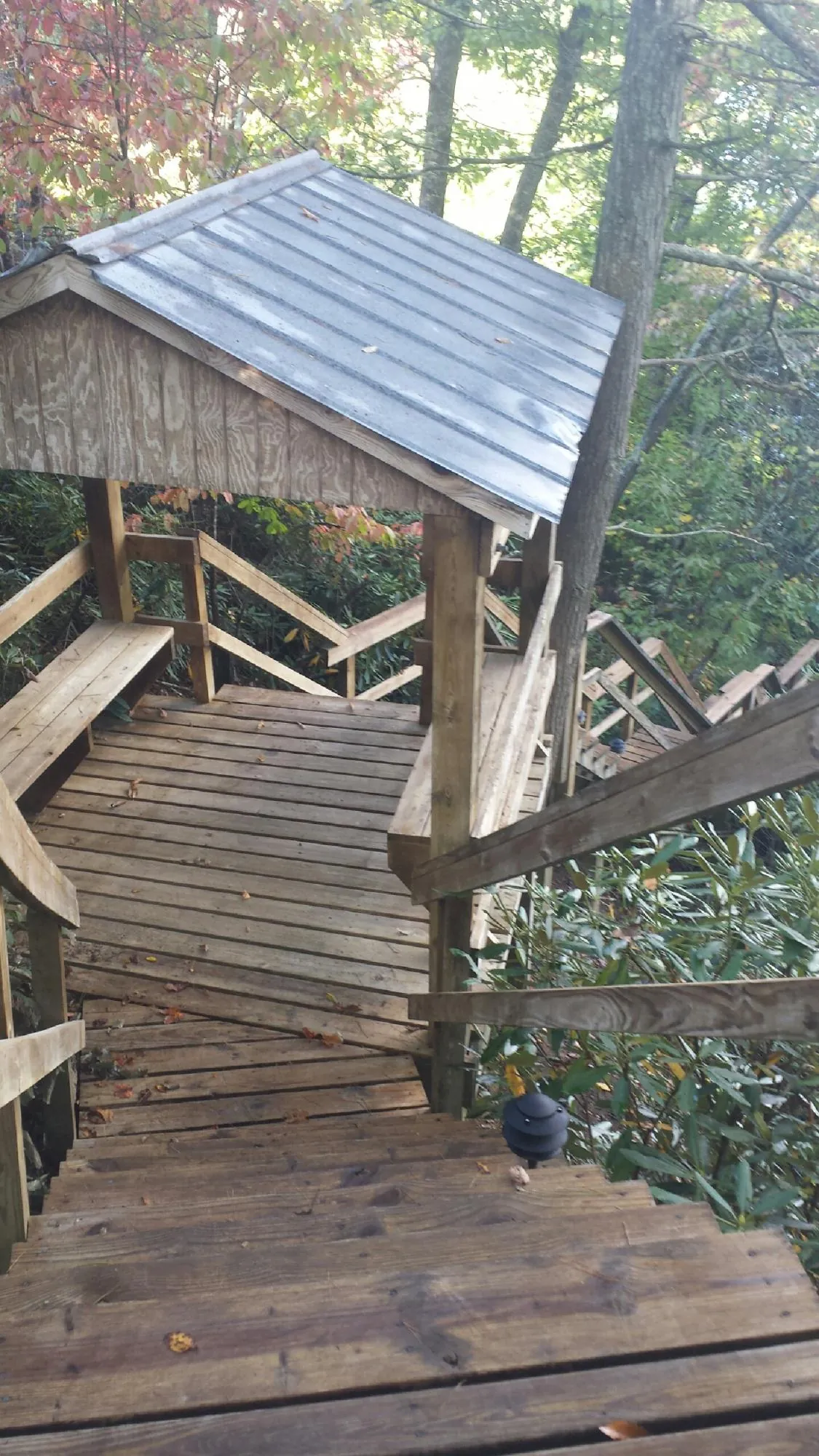 Metal roofed shelter over wooden steps on a wooded walkway — Skylight Repair & Installation work by our crew in Lothian